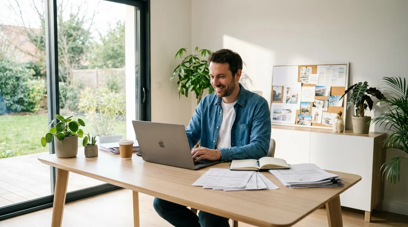 Un entrepreneur travaille sur son projet devant un ordinateur dans un bureau lumineux.