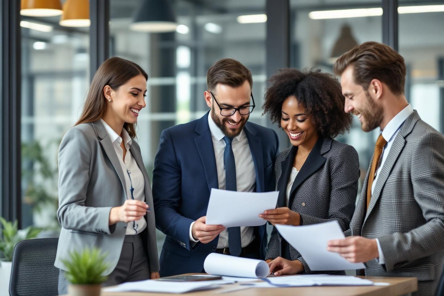 Quatre professionnels échangent autour de documents dans un bureau.