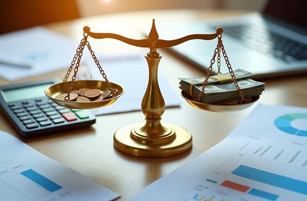 Une balance, une calculatrice et des documents financiers génériques sur un bureau