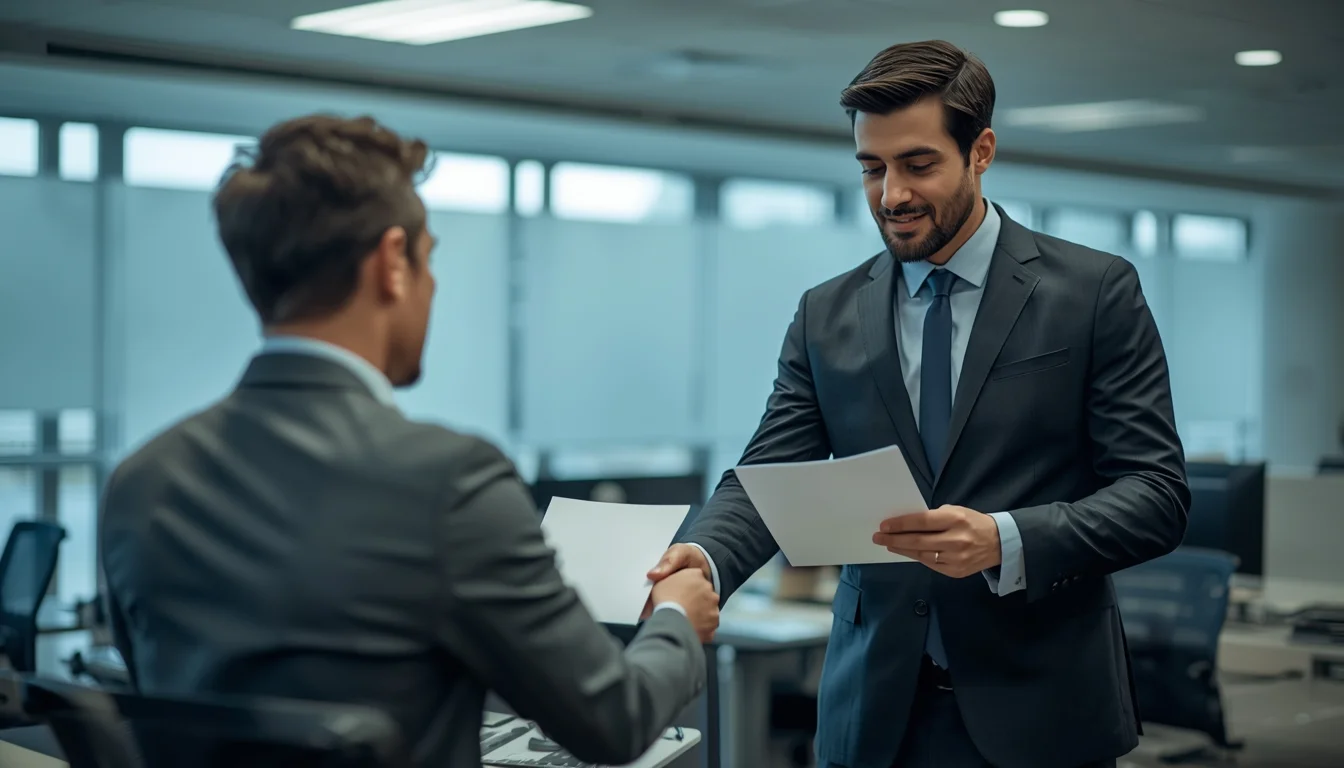 Deux professionnels échangent un document contractuel dans un bureau