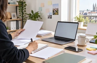 Une entrepreneuse organise des documents de création d’entreprise devant un ordinateur.