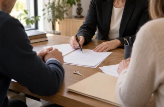 Des adultes d’une famille examinent un acte générique avec une notaire