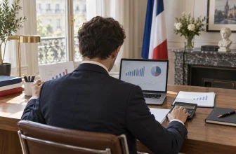 Un analyste anonyme étudie des graphiques financiers dans un bureau aux couleurs françaises.