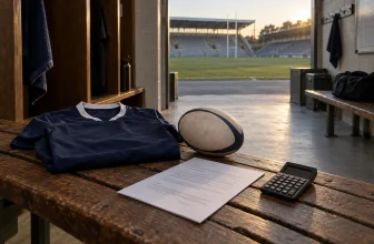 Un maillot et un ballon de rugby génériques reposent près d’un contrat illisible et d’une calculatrice éteinte