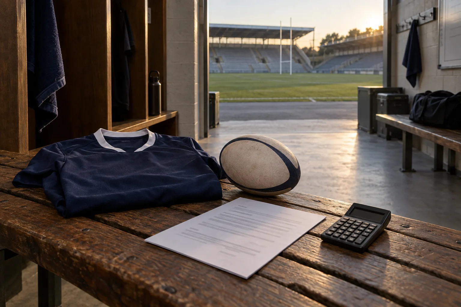Un maillot et un ballon de rugby génériques reposent près d’un contrat illisible et d’une calculatrice éteinte