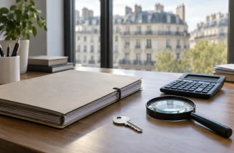 Un dossier patrimonial fermé, une clé, une loupe et une calculatrice éteinte devant des immeubles génériques