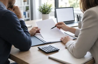 Un particulier et une comptable examinent un dossier générique devant un écran vierge