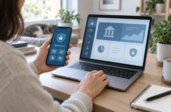 Une cliente utilise un téléphone sécurisé devant une interface bancaire générique.