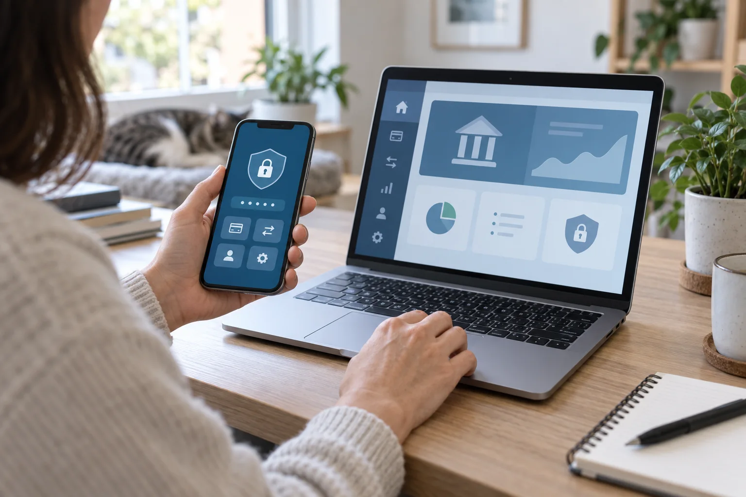 Une cliente utilise un téléphone sécurisé devant une interface bancaire générique.