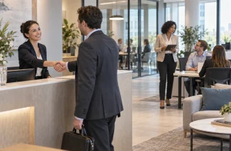 Une hôtesse d’accueil reçoit un visiteur tandis qu’une office manager coordonne le bureau.