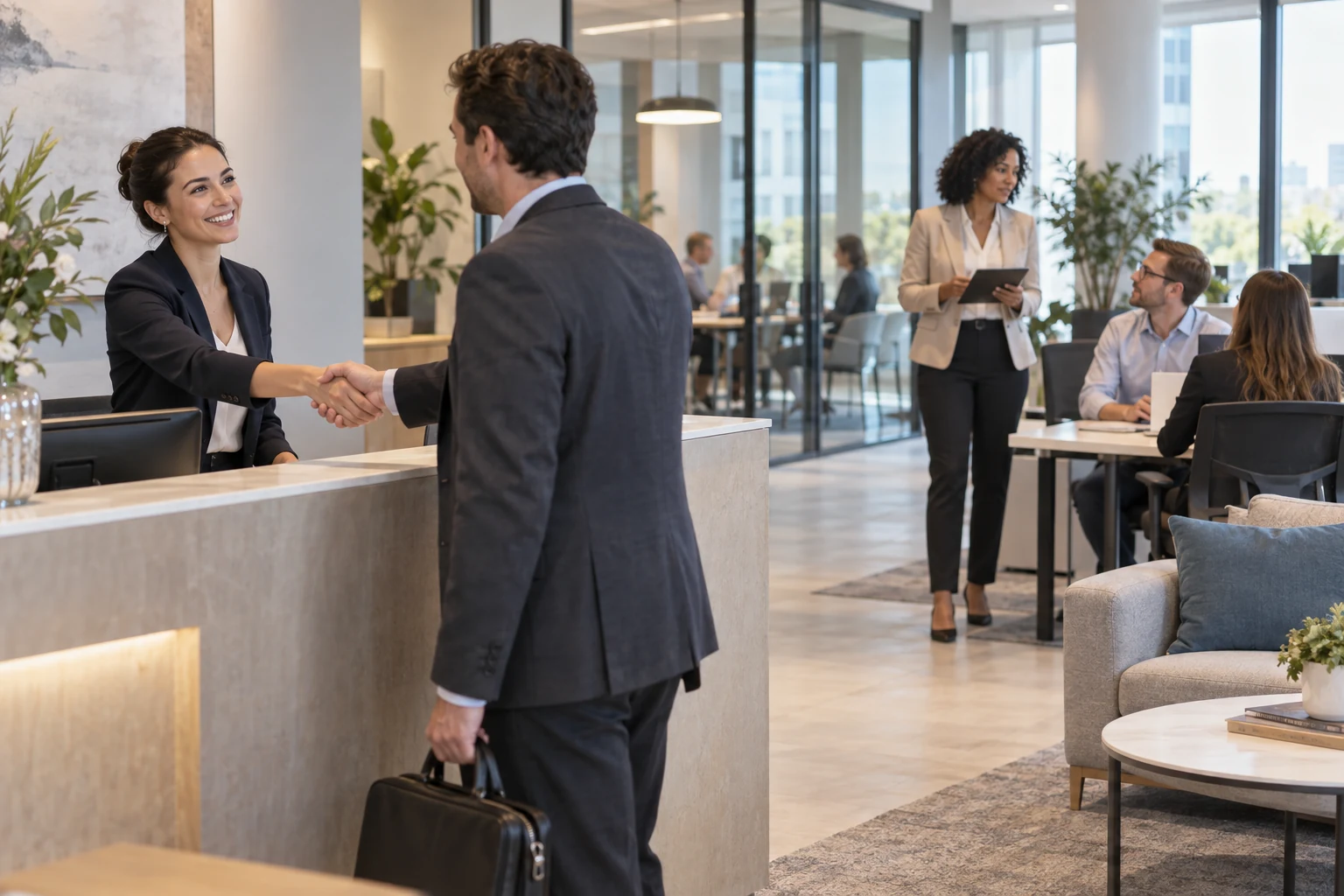 Une hôtesse d’accueil reçoit un visiteur tandis qu’une office manager coordonne le bureau.